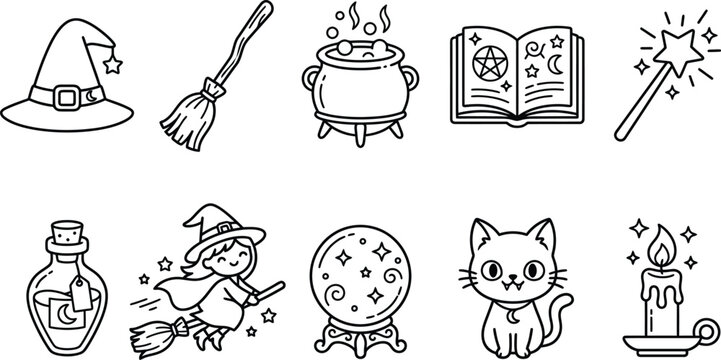 Cute Halloween Magic Icon Set with Witch Hat, Cauldron, Spell Book, Crystal Ball and Potion