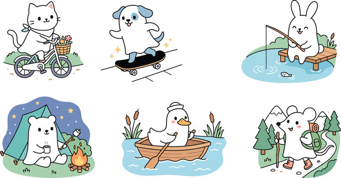 Cute Animal Adventure Illustration Set with Camping, Cycling, Skateboarding, Fishing and Hiking