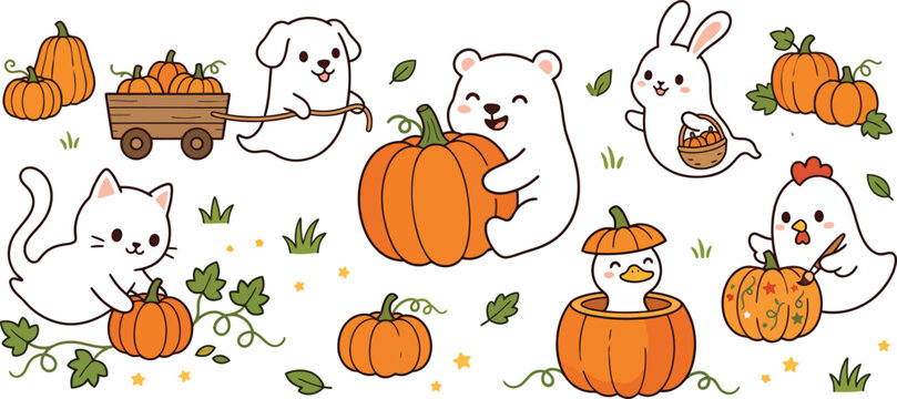 Cute Halloween Pumpkin Harvest Animal Character Collection with Autumn Cartoon Illustrations