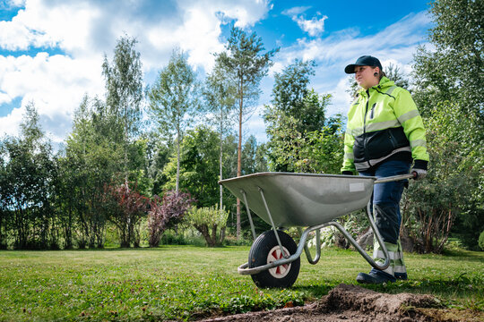 woman is pushing wheelbarrow in the garden