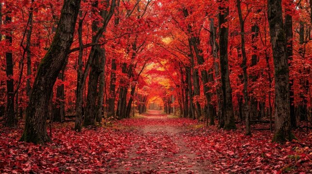 Red Autumn Forest Path