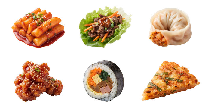 six korean dishes with tteokbokki, bulgogi, mandu, fried chicken, gimbap and kimchi pancake