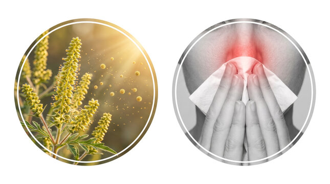 Seasonal Allergy, pollen ragweed plant sneeze tissue medical concept illustration circles white background