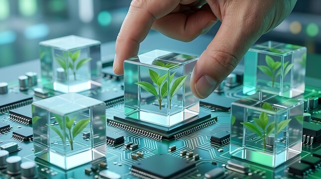 Hand placing clear cube with green plant seedling onto futuristic circuit board, symbolizing biotechnology and sustainable technology