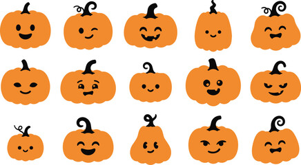 Fototapeta premium Cute Halloween Pumpkin Icon Set Kawaii Jack O Lantern Face Vectors
