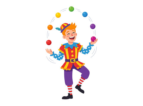 Juggling clown character performing. Happy circus entertainer tossing colorful balls.