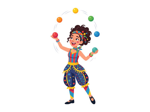 Female circus juggler performing. Cartoon woman juggling colorful balls isolated.