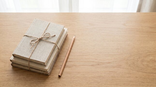 Stack of linen bound books tied with twine cord beside wooden pencil on wooden desk near window for cozy study journaling setup