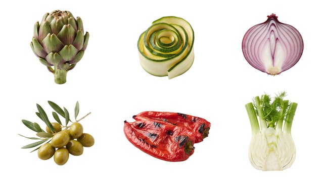 six mediterranean vegetables with artichoke, zucchini, red onion, olives, grilled pepper and fennel