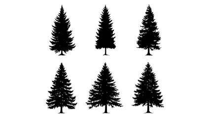 Obraz premium Set of Six Silhouetted Evergreen Trees in Various Shapes and Sizes for Nature and Landscape Themes.