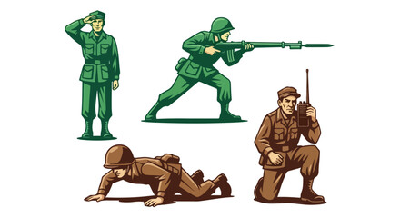 Obraz premium Military Soldiers Set. Army Infantry Illustration. Retro Comic Style. Vector Graphic Elements.