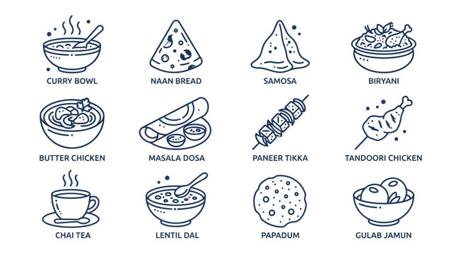 Hand Drawn Line Art of Various Traditional Indian Dishes.