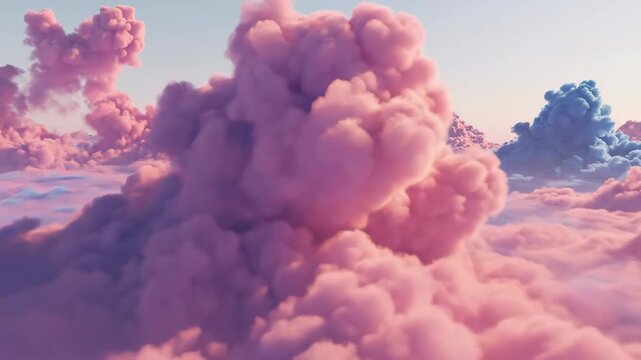 Dreamy surreal landscape featuring soft pink and blue clouds floating in the sky.