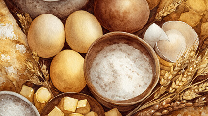 Fototapeta premium Watercolor full-frame illustration of rustic bakery ingredients with eggs, flour and wheat stalks, with a densely packed close-up arrangement