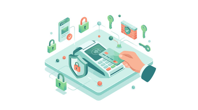 Secure digital payment transaction with modern contactless card reader and encryption icons in an innovative illustration