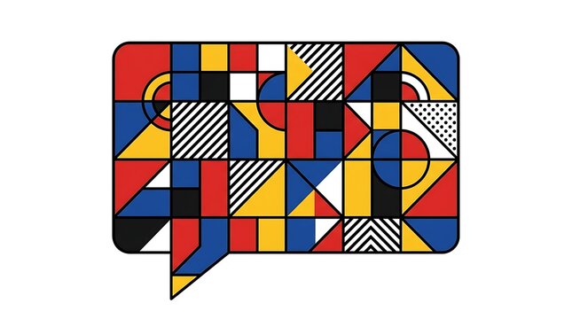 Colorful speech bubble icon with geometric pattern of squares triangles and circles in retro bauhaus style