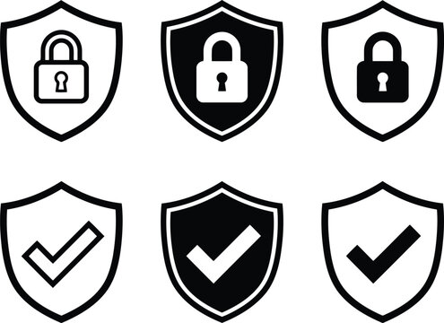 Set of security shield icons with locks and check marks Vector