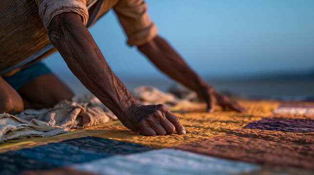 Quilter's hands lay finished competition patchwork across a desert ultramarathon finish line tape at twilight blue hour, before and after concept showing raw fabric scraps