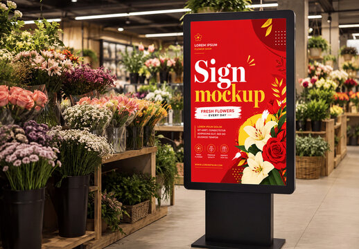 Digital Sign in Flower Shop Mockup