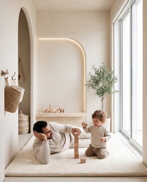 Young father playing with wooden toys with his toddler on the nursery floor, enjoying togetherness and happy moments in modern minimalist home interior