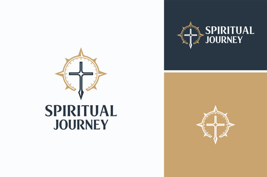 Christian Cross Crucifix with Compass Arrow Pointers for Spiritual Journey Logo Design
