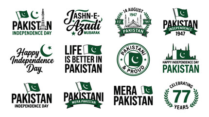 Pakistan Independence Day typography set, 12 green and black 14 August badges, Jashn-e-Azadi Mubarak labels for 77 years celebration © Vector Hive