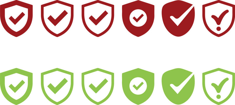 Set of green shield icons with check mark symbols Vector