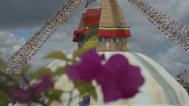 Bouddhanath Stupa Eyes Framed by Magenta Flowers