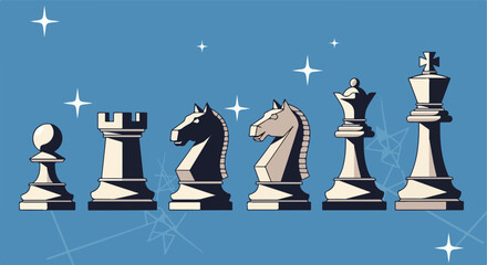 Chess Pieces Set. Strategic Game Figures. Vector Illustration. Flat Minimalist Style. Board Game Art. © khafid