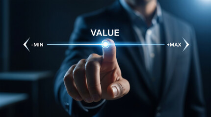 Fototapeta premium Executive touches a holographic slider control to modify the value range on an interactive display.