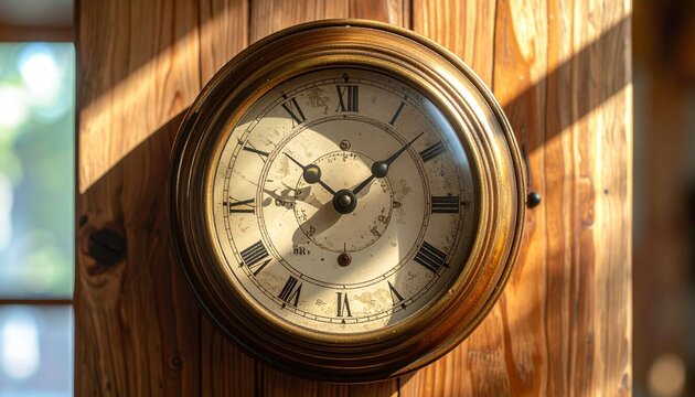 An elegant antique brass wall clock with Roman numerals, bathed in a warm ray of sunlight, highlighting its timeless design against a rustic wooden background