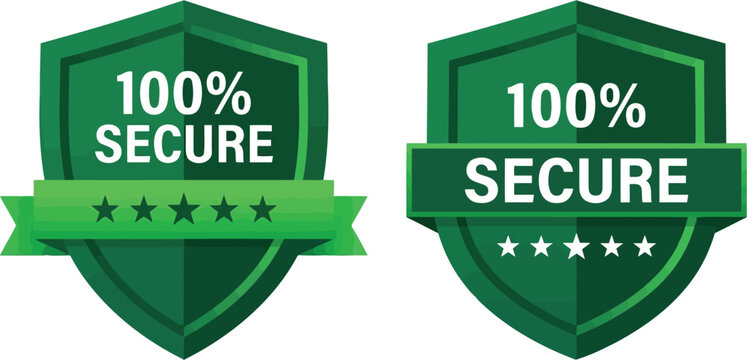 Green shield icons with 100 percent secure text and stars Vector