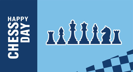 Happy Chess Day graphic. Chess pieces illustration. Minimalist flat vector. Blue themed sport design. © khafid