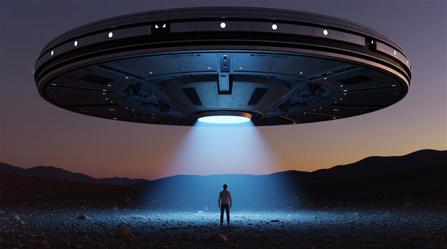 Person stands alone in a vast desert at twilight as a large spacecraft illuminates the ground from above.