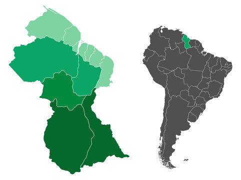 Guyana Map with Administrative Regions and South American Location