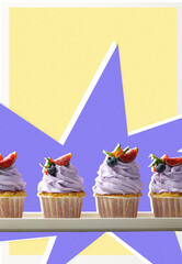 Obraz premium Happy birthday party with cupcakes on a table near a colorful background