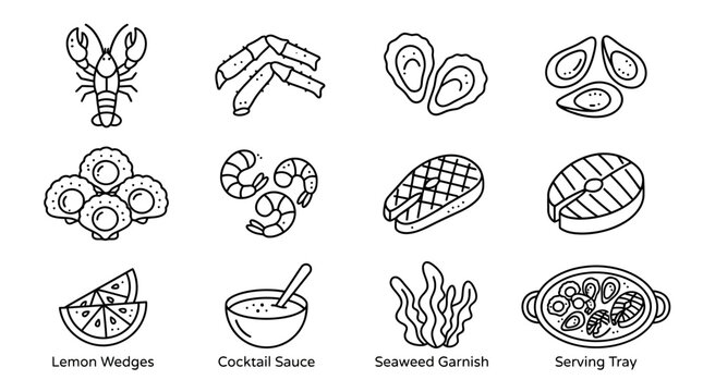 Illustrated Collection of Seafood and Dishes Line Art.