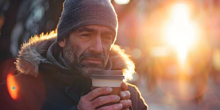 Bearded man in winter hat holds warm drink in morning sun.