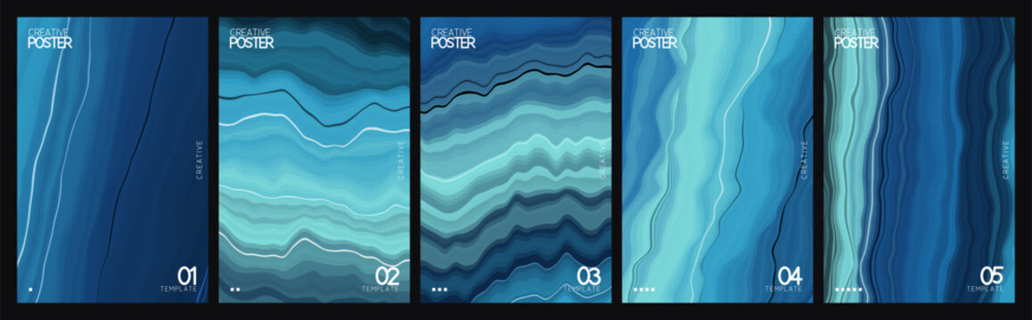 Abstract blue marble texture poster set, set of 5 wavy liquid background templates, organic flowing lines in turquoise and navy blue vector illustrations