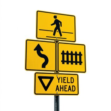 Yellow Warning Road Signs Stacked For Safety Awareness Guidance