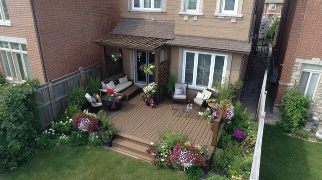 Aerial View of a Beautiful Backyard Patio with Lush Greenery and Outdoor Furniture, Perfect for Relaxation and Entertainment.