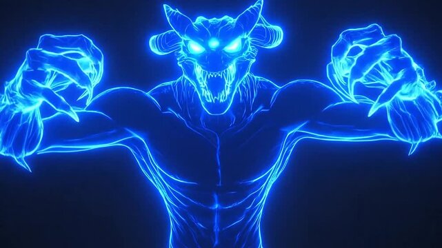 A glowing blue neon outline of a fierce horned creature stands