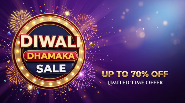 Diwali Dhamaka Sale Banner with Fireworks, Festive Discount Offer and Promotional Background