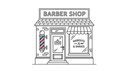 Fototapeta premium Clean and modern barber shop storefront with traditional striped pole and signage for grooming services and haircuts