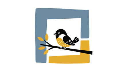 Little Bird on Branch. Minimalist Logo Icon. Hand-Drawn Style. Flat Graphic Design Element.