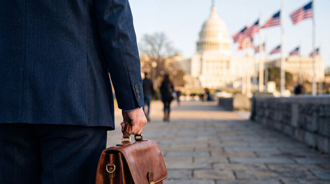 Business professional walking toward the Capitol Building at sunrise with patriotic American flags, illustrating democracy, leadership, government service, and the American dream.