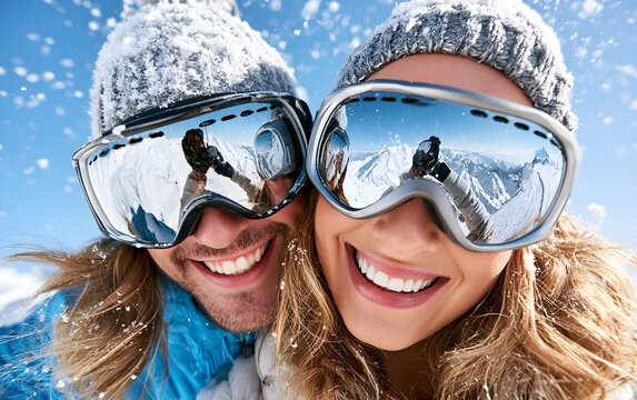 Couple enjoys winter mountain landscape, reflections in ski goggles show snow peaks. Smiling faces express joy and warmth during cold weather adventure