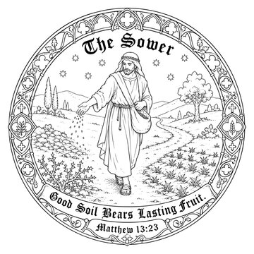 The Sower Bible Coloring Page Line Art Christian Parable Scripture Stained Glass Style Illustration
