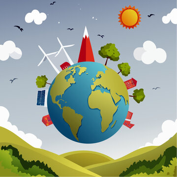 Flat vector illustration of earth with sustainable energy concepts, sustainabili