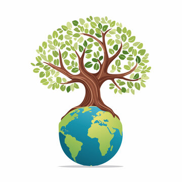 Large green tree growing out of a globe representing earth and nature harmony